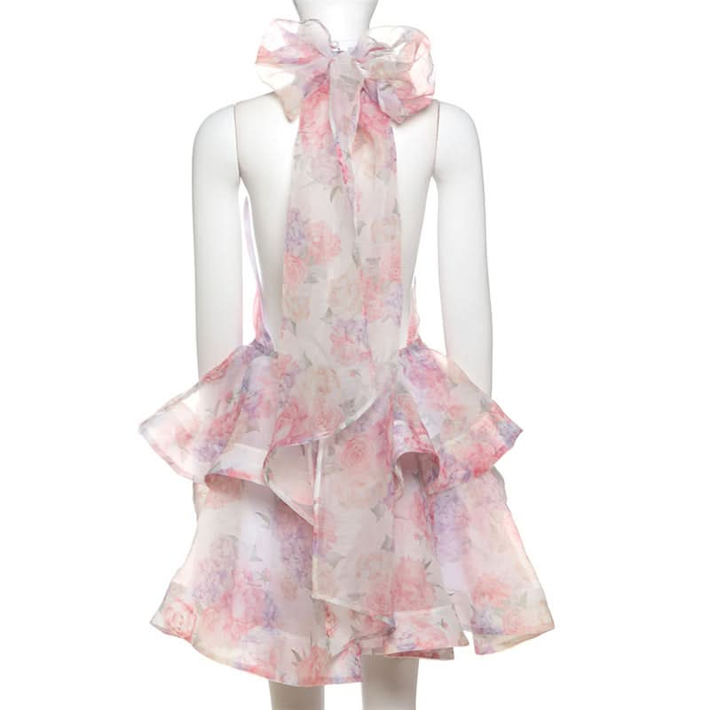 Halter flower print ruffle backless mini dress