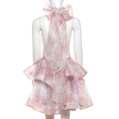 Halter flower print ruffle backless mini dress