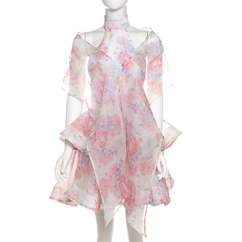 Halter flower print ruffle backless mini dress