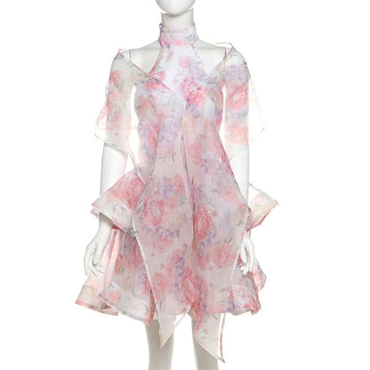 Halter flower print ruffle backless mini dress