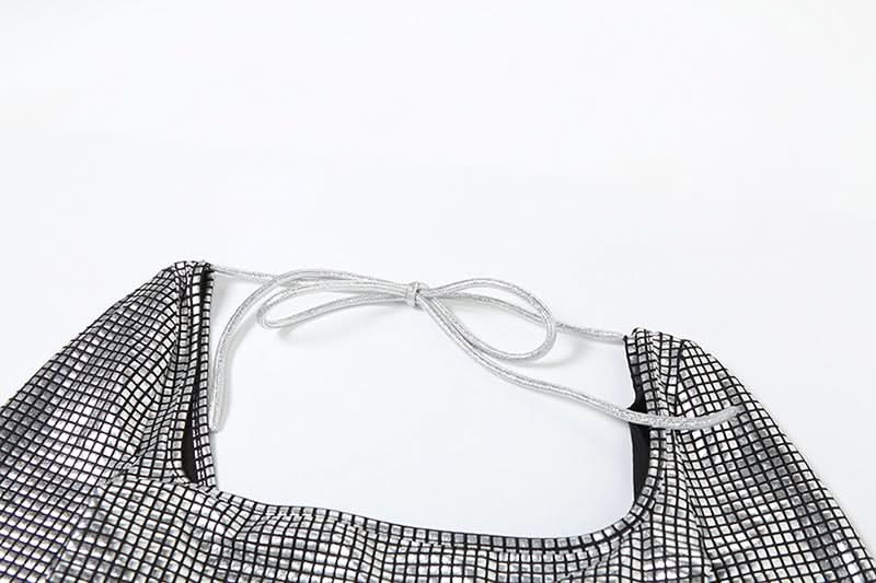 Long sleeve square neck self tie plaid maxi skirt set