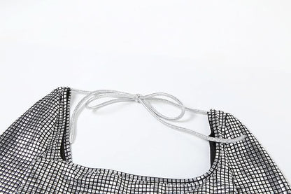 Long sleeve square neck self tie plaid maxi skirt set