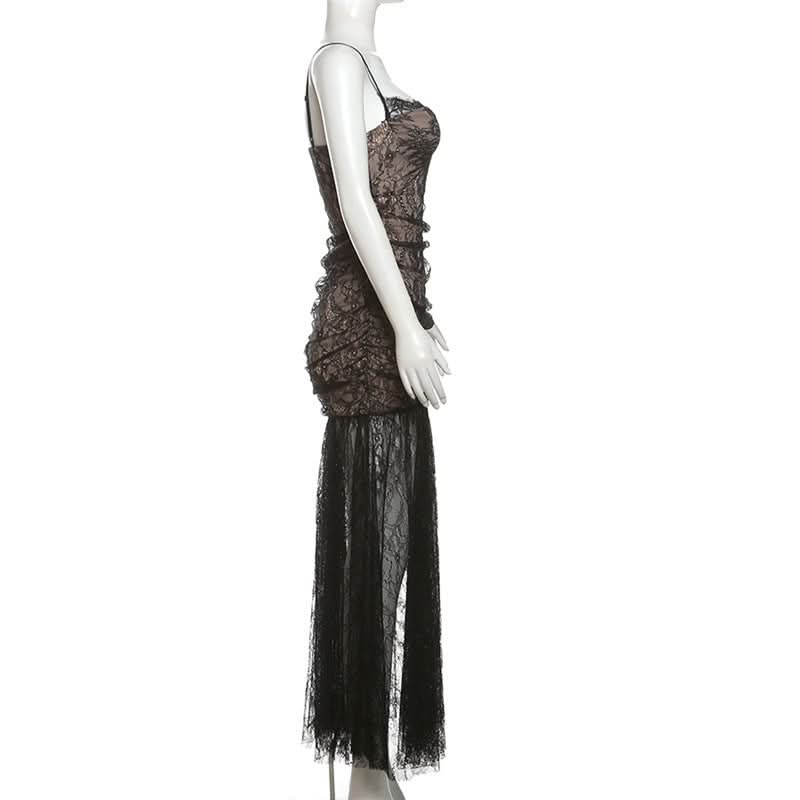 Sweetheart neck slit mesh lace cami maxi dress