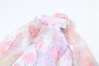 Halter flower print ruffle backless mini dress