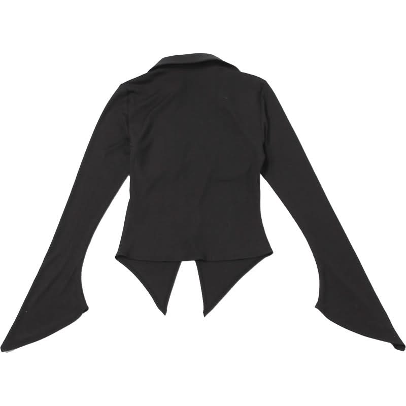 Turnover collar long flared sleeve hollow out cut out top