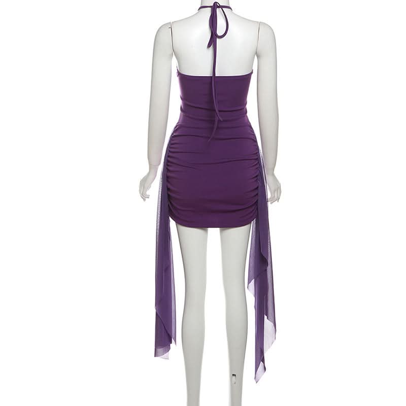 Halter sweetheart pattern fluffy ruched mini dress