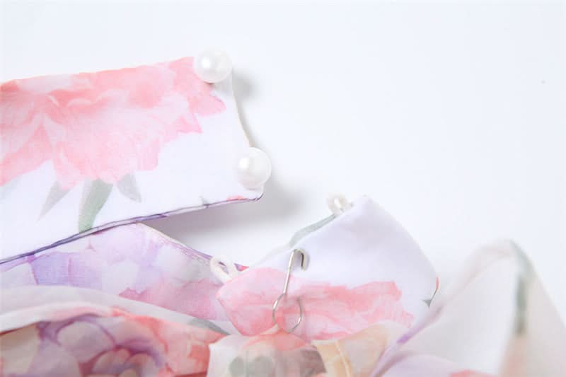 Halter flower print ruffle backless mini dress