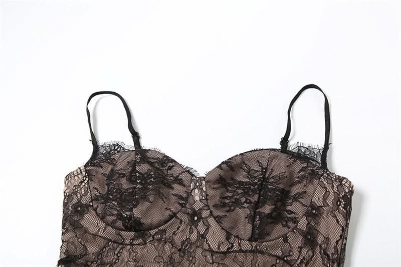 Sweetheart neck slit mesh lace cami maxi dress