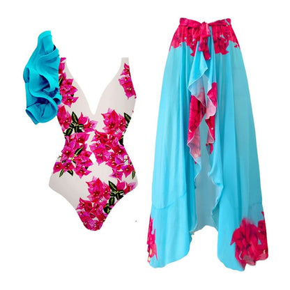 V neck chiffon print maxi skirt set