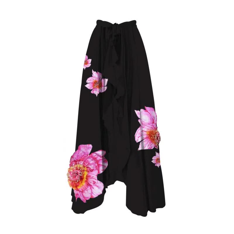 V neck chiffon print maxi skirt set