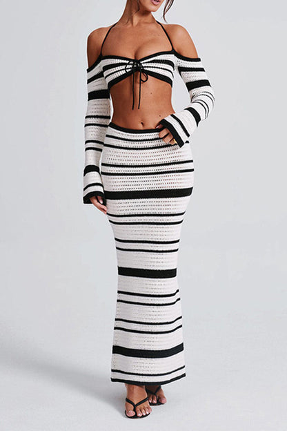 Sexy Stripe Strap Design Weave Contrast Halter Long Sleeve Two Pieces