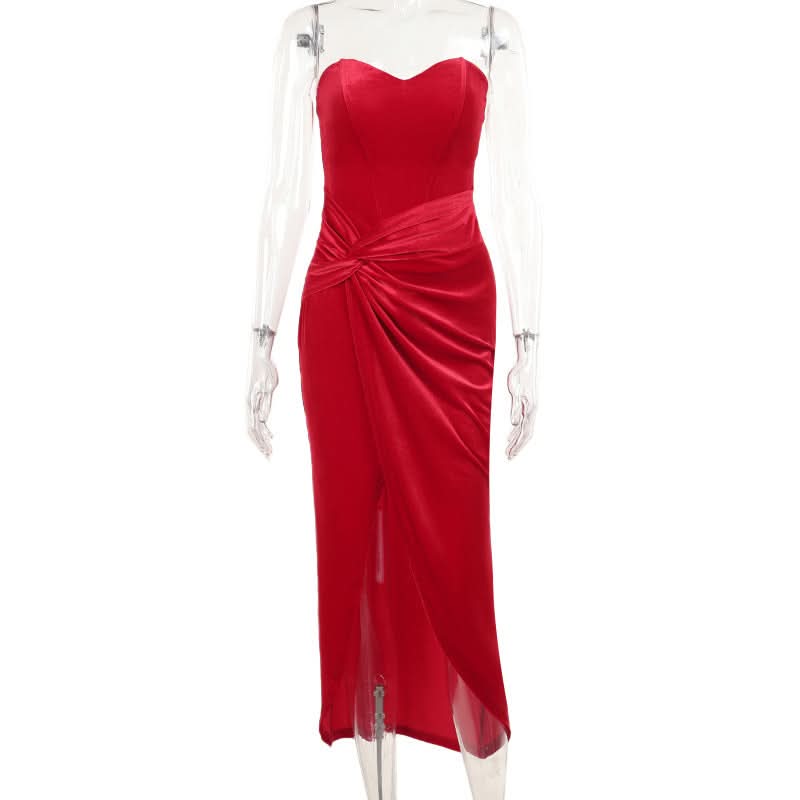 Sweetheart neck velvet slit bustier tube maxi dress