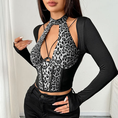 Long sleeve halter print hollow out corset cut out top