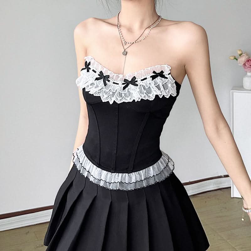 Lace hem bowknot ruffle tube top