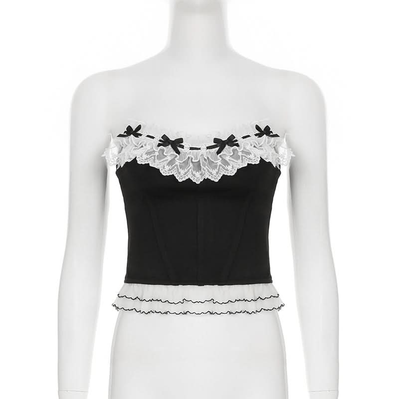 Lace hem bowknot ruffle tube top