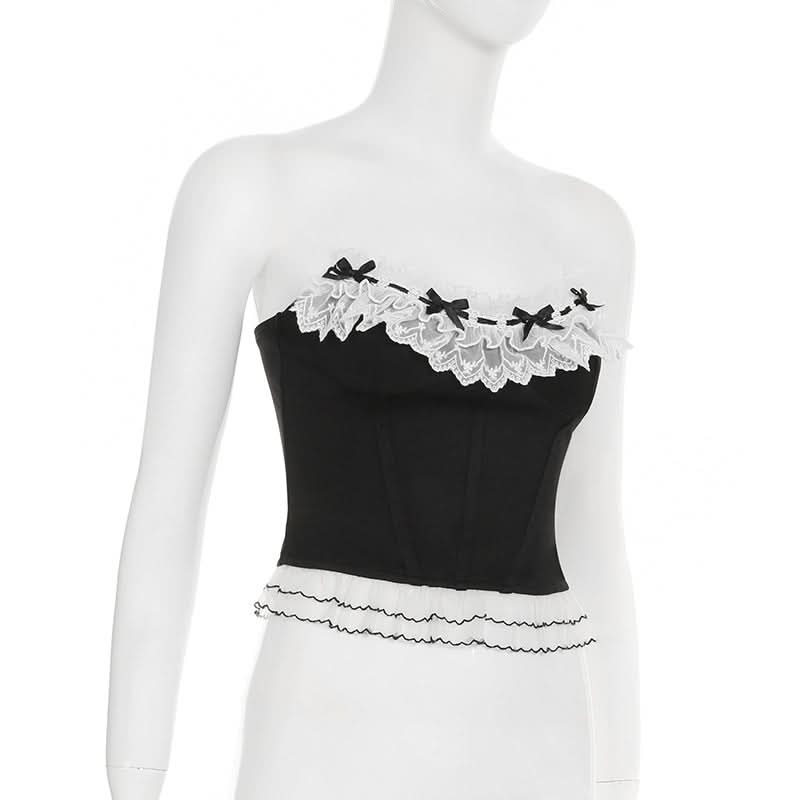 Lace hem bowknot ruffle tube top