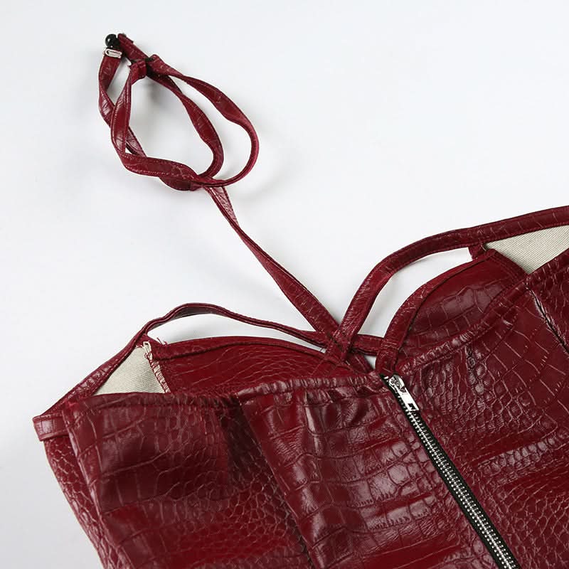 Sweetheart neck halter PU leather zip-up top
