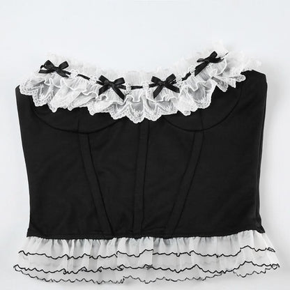 Lace hem bowknot ruffle tube top