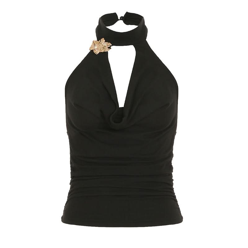 Cowl neck halter ruched flower applique top