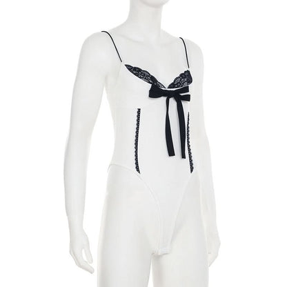 Lace hem bowknot cami bodysuit