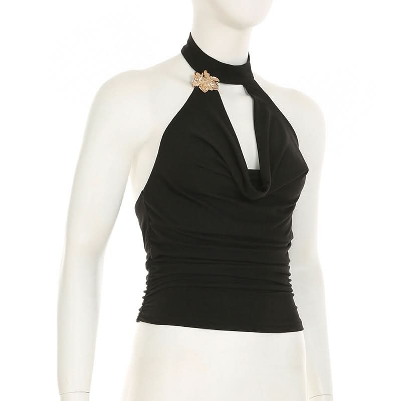 Cowl neck halter ruched flower applique top
