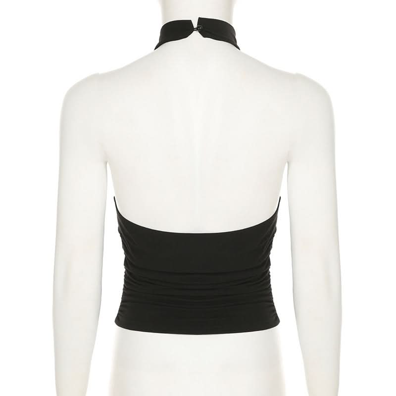 Cowl neck halter ruched flower applique top