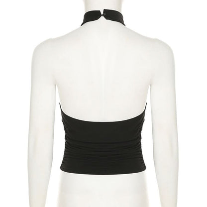 Cowl neck halter ruched flower applique top