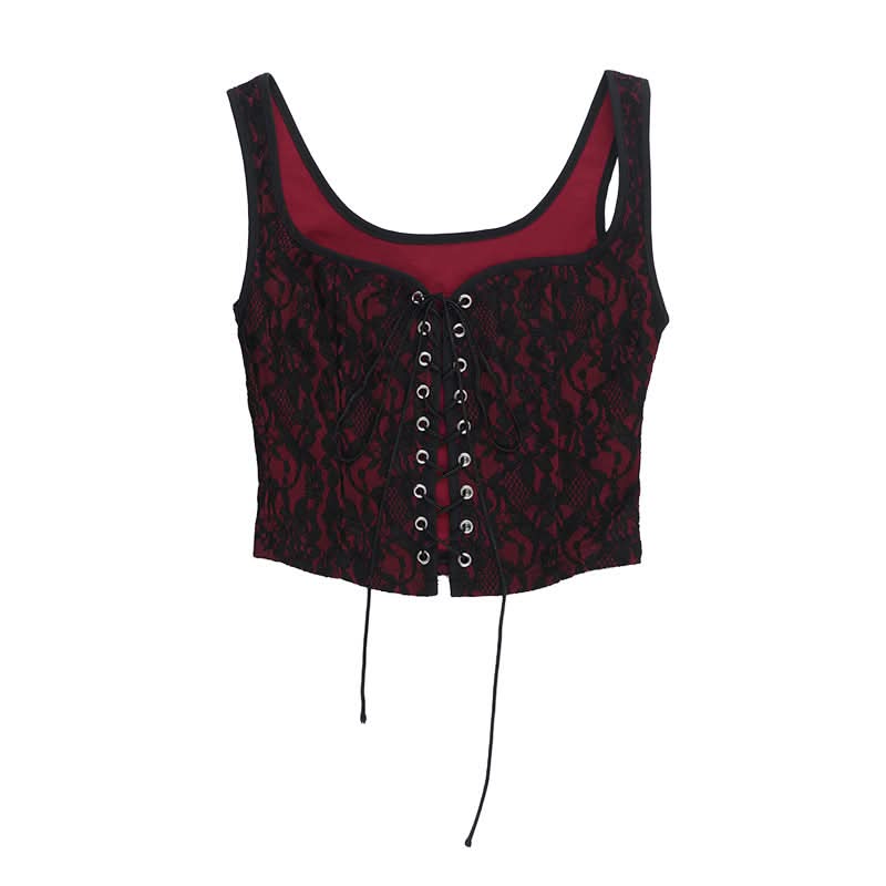 U neck lace up lace tank top