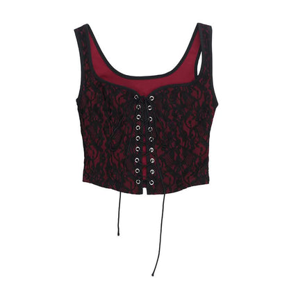 U neck lace up lace tank top