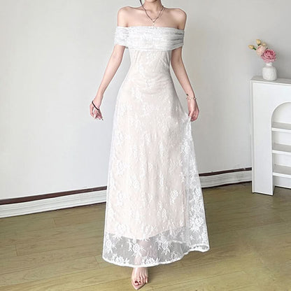 Off shoulder lace hem maxi dress