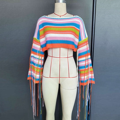 Long sleeve tassels contrast crop top