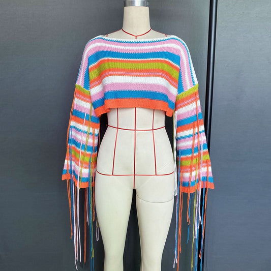 Long sleeve tassels contrast crop top