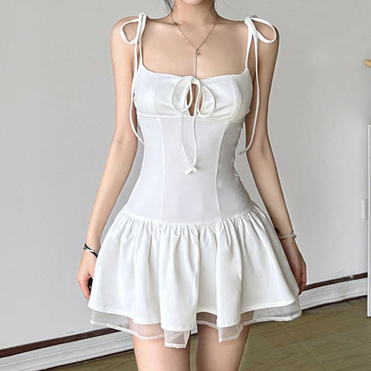 Square neck self tie ruffle cami mini dress