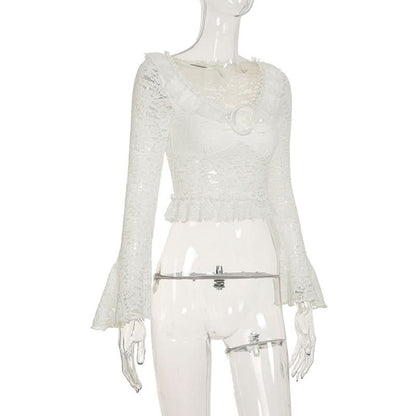 Long flared sleeve lace flower applique top