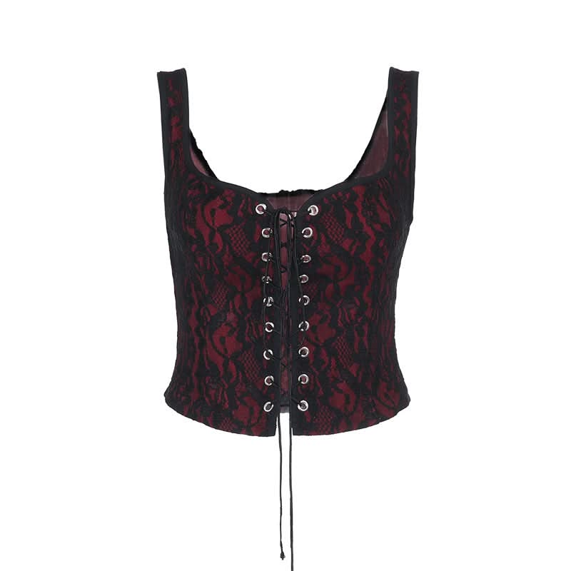 U neck lace up lace tank top