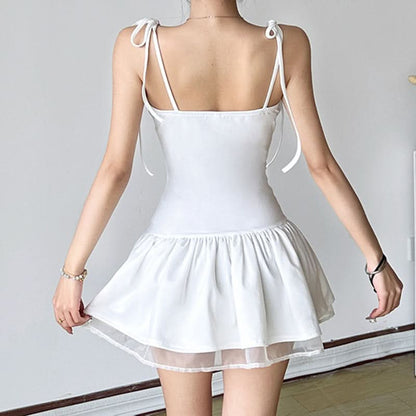 Square neck self tie ruffle cami mini dress
