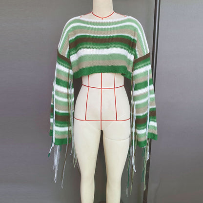 Long sleeve tassels contrast crop top