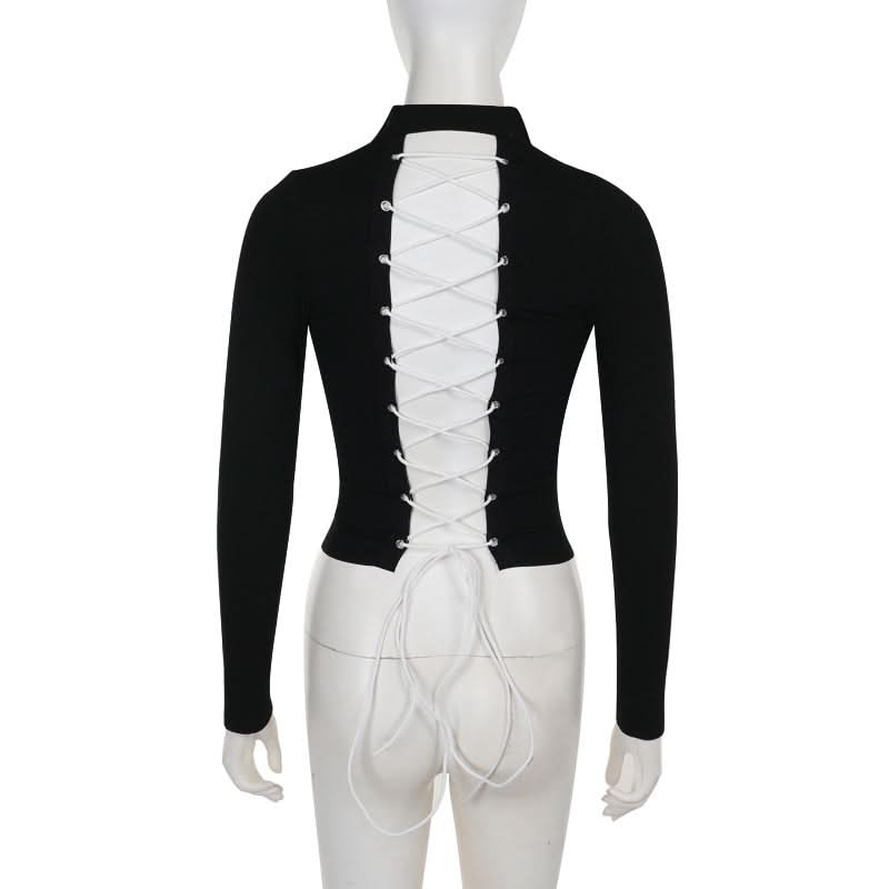 Long sleeve high neck zip-up lace up top
