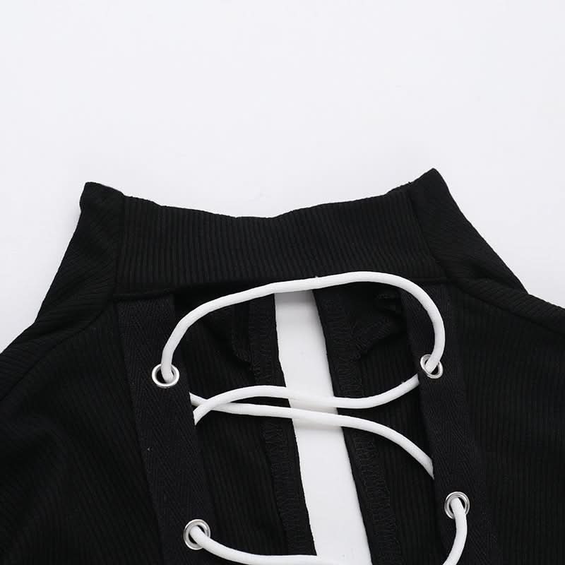 Long sleeve high neck zip-up lace up top
