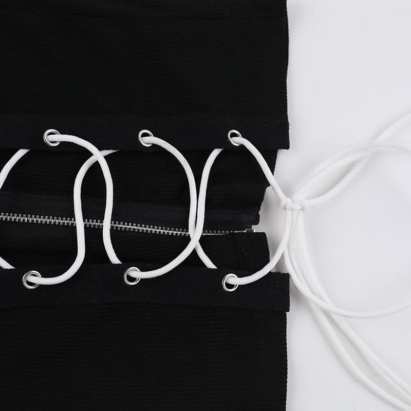 Long sleeve high neck zip-up lace up top