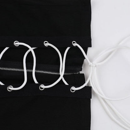 Long sleeve high neck zip-up lace up top