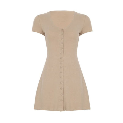 Short sleeve knitted button mini dress