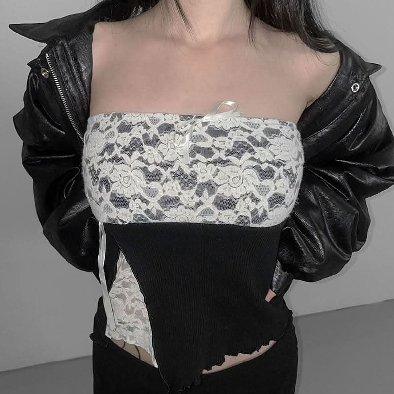 Lace bowknot ruffle tube top