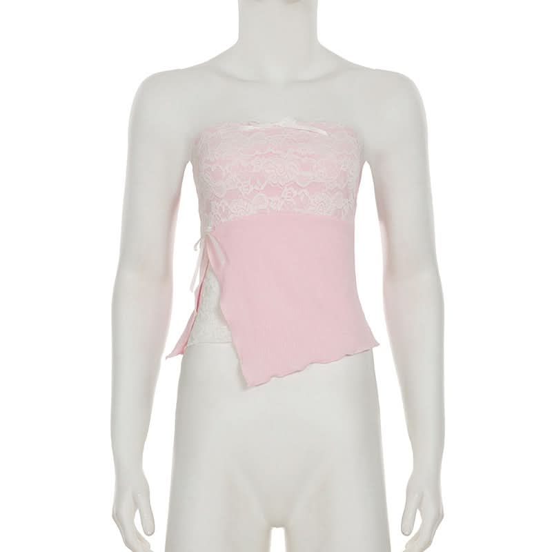 Lace bowknot ruffle tube top