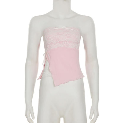 Lace bowknot ruffle tube top
