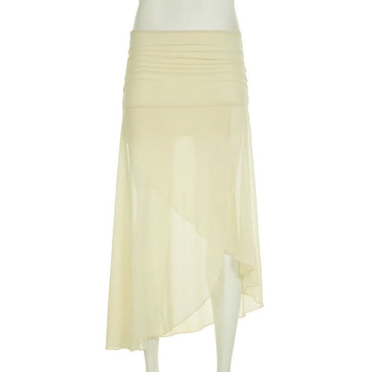 Ruched mesh slit maxi skirt