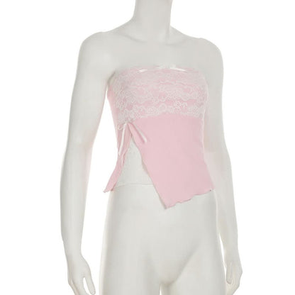 Lace bowknot ruffle tube top