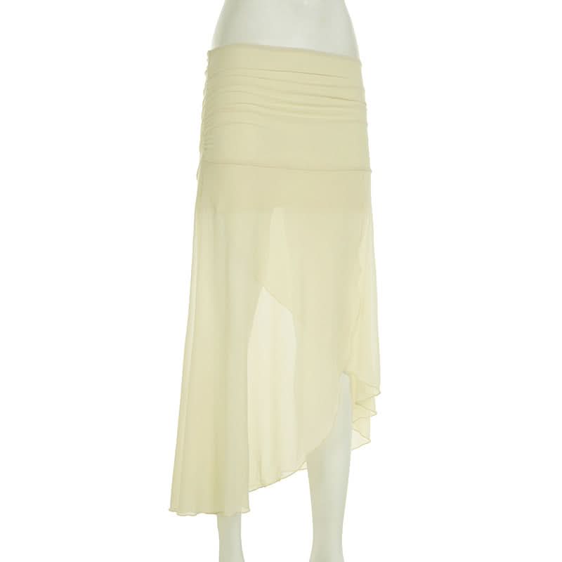 Ruched mesh slit maxi skirt