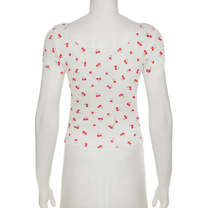 Short sleeve textured cherry print top