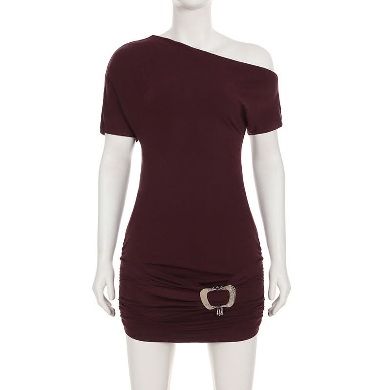 One shoulder ruched short sleeve metal applique mini dress
